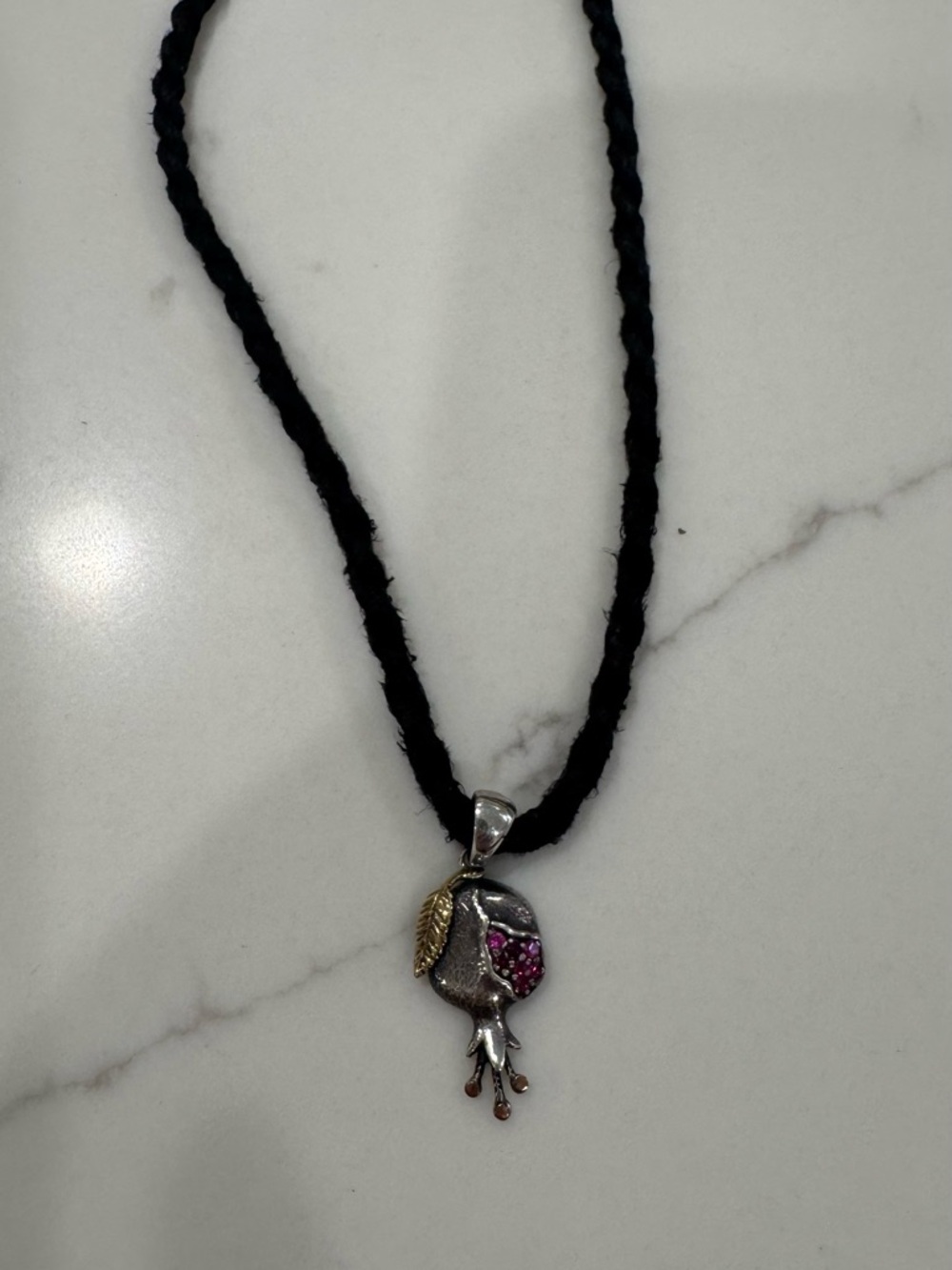 Pure Silver Pomegranate Pendant Necklace with Pink Accents on Black Cord